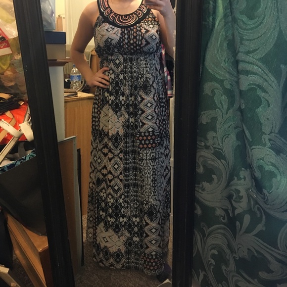 Full length patterned maxi dress w/ beaded collar - Picture 1 of 3